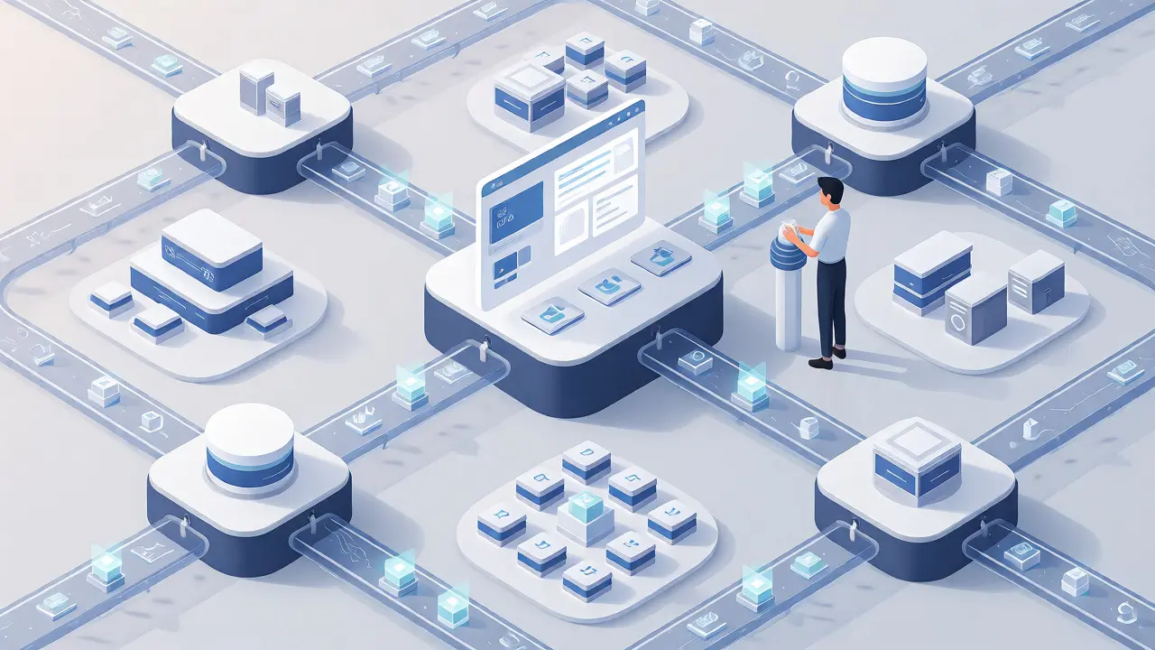 Izometrická ilustrace uspořádané cloudové infrastruktury s DevOps expertem